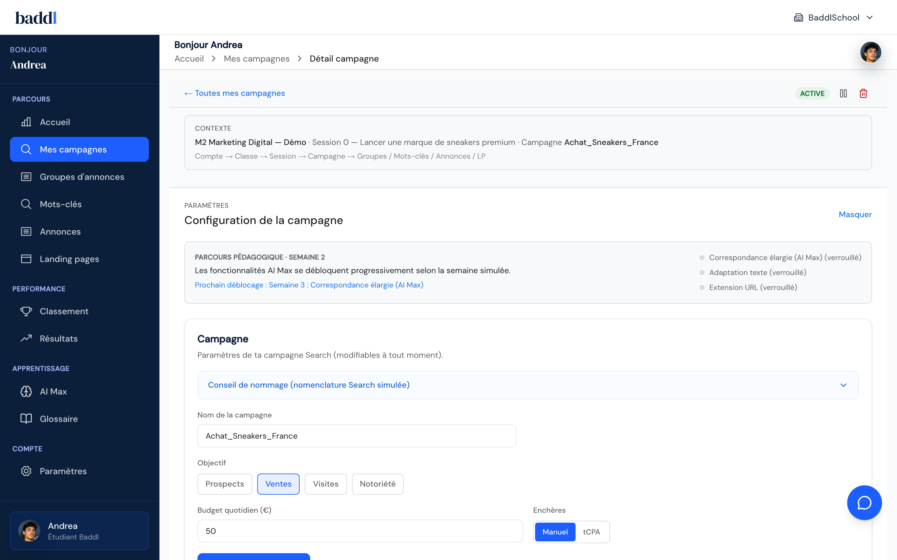 Dashboard étudiant Baddl — détail campagne avec KPIs, timeline et suivi budget